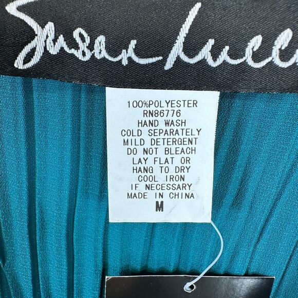 Susan Lucci Blouse Top Womens Medium Teal Green 100% Polyester Pleated Ruffled - Picture 8 of 15